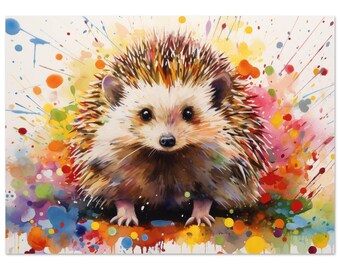 Happy Hedgehog Cute Print Square / Landscape. Colorful Poster Gift, Woodland Critter Painting, Colourful garden creatures wall art