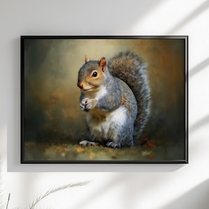 Tela o poster di scoiattolo carino. Stampa di pittura a olio, amante della noce grigia con coda folta, quadro dipinto da appendere alla parete, decorazione animale, creatura del bosco