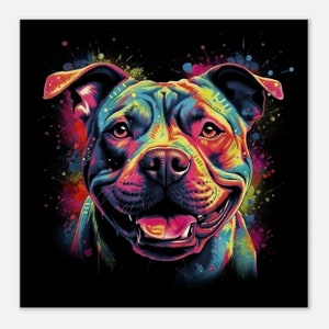 Staffordshire-Bullterriër canvas afdrukken. Unieke abstracte kleurrijke Staffy Dog Neon schilderij, Graffiti Animal Decor Gift, levendige muurkunst