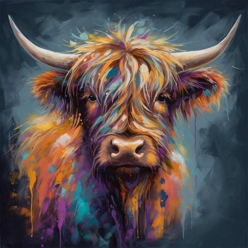 Pu&ograve; includere: Un dipinto colorato di una mucca Highland con un lungo mantello irsuto. La pelliccia della mucca &egrave; dipinta in tonalit&agrave; di arancione, marrone, viola, blu e verde. Lo sfondo &egrave; blu scuro.