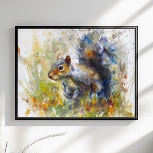 Tela o poster di scoiattolo carino. Stampa di pittura ad acquerello, amante della noce grigia con coda folta, dipinto su tela, da appendere alla parete, animale, creatura del bosco