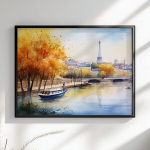 Watercolour Paris France Eiffel Tower River Siene Canvas / Poster Print. French Cityscape Travel Wall Decor Abstract Watercolor Autumn Gifts