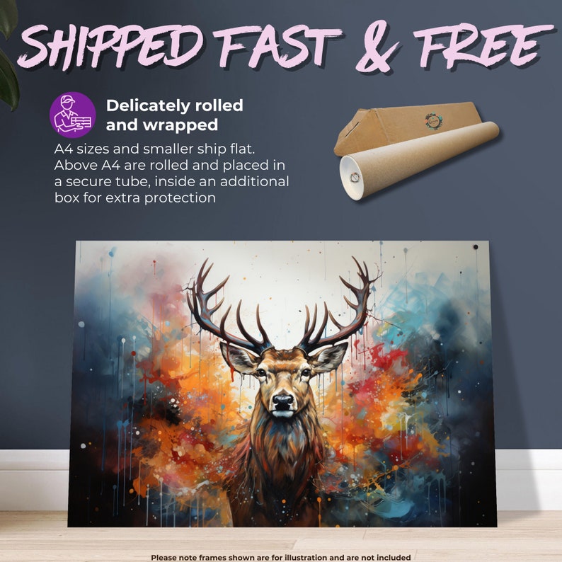 May include: A colorful abstract painting of a deer with large antlers. The deer is in the center of the painting and is surrounded by splashes of color, including blue, green, orange, and red. The background is white.