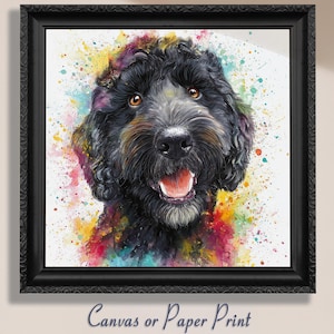 Stampa artistica su tela di Goldendoodle nero / Quadrato senza cornice - Ritratto di cane acquerello, regalo da parete per amanti dei doodle e proprietari di Labradoodle