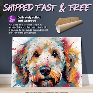 May include: A colorful abstract painting of a dog's face. The dog has white fur with splashes of blue, red, yellow, and orange paint. The painting is on a white canvas and is framed in a black frame. "Please note frames shown are for illustration and are not included." is written below the painting.