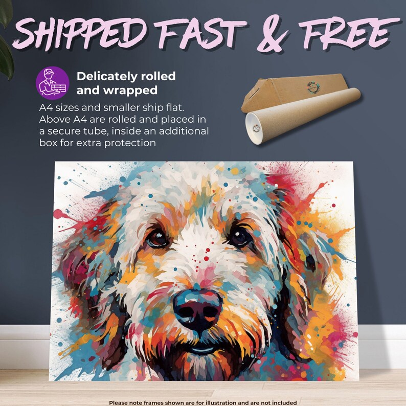 May include: A colorful abstract painting of a dog's face. The dog has white fur with splashes of blue, red, yellow, and orange paint. The painting is on a white canvas and is framed in a black frame. "Please note frames shown are for illustration and are not included." is written below the painting.