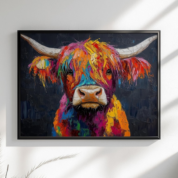 キャンバス 油絵　専用　カラフルCOWS   　5 Highland Cow Canvas / Poster Print. Paint Splash Oil Painting Wall