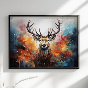 May include: A painting of a stag with large antlers standing in front of a colorful abstract background. The background is a mix of blue, orange, yellow, and red watercolor splatters.
