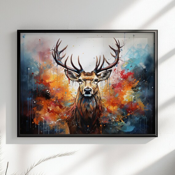 Majestic Stag / Deer Unframed Poster Print. Colorful Art, Wall Decor Gift for Animal Lovers, Mom Dad, Watercolor Paint Splash Painting