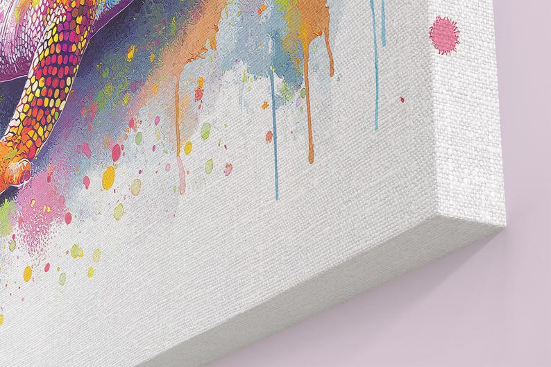 May include: A canvas print featuring a colorful watercolor painting. The artwork showcases a vibrant mix of colors, including pink, yellow, orange, and blue, with paint drips and splatters. The canvas has a textured surface and is wrapped around a wooden frame.