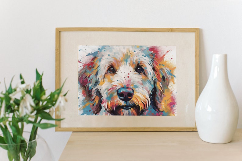 May include: A framed watercolor painting of a dog's face with colorful splashes of paint in the background.