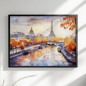 Paris France Eiffel Tower River Siene Canvas / Poster Print. Watercolour French Cityscape Travel Wall Decor Abstract Watercolor Autumn Gifts
