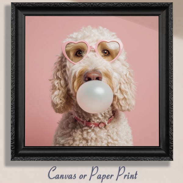 Zabawny nadruk Labradoodle Bubble Gum Canvas / Bez ramki. Biały prezent dla właściciela psa Doodle, modny rysunek psa Doodle, obraz Goldendoodle, portret zwierzaka