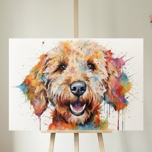 May include: Watercolor painting of a golden doodle dog with colorful splatter paint in the background. The dog is looking directly at the viewer with a happy expression.