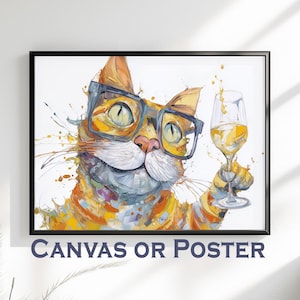 Stampa su tela o poster con gatto astratto. Divertente stampa con animali in calice da vino, decorazione da parete per cucina, grande quadro con schizzi di vernice arcobaleno.