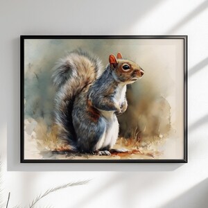 Tela o poster di scoiattolo carino. Stampa di pittura ad acquerello, amante della noce grigia con coda folta, dipinto su tela, da appendere alla parete, animale, creatura del bosco