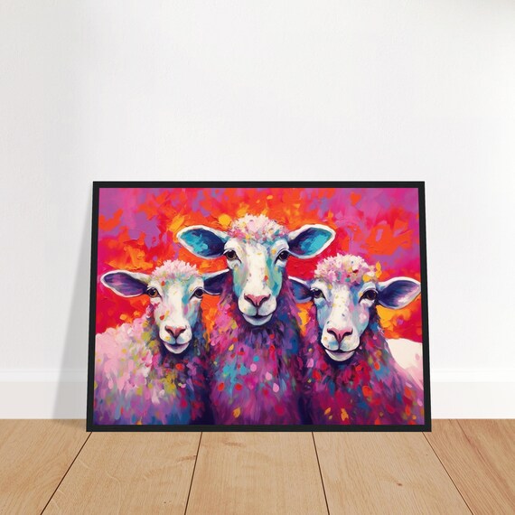 Three Colorful Sheep Framed Art - Colorful Animal Wall Art Print