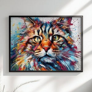 Könnte beinhalten: Ein farbenfrohes abstraktes Gemälde eines Katzenkopfes. Die Katze hat braunes Fell mit Spritzern von blauer, grüner, gelber und rosa Farbe.