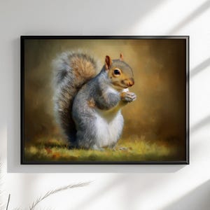 Tela o poster di scoiattolo carino. Stampa di pittura a olio, amante della noce grigia con coda folta, quadro dipinto da appendere alla parete, decorazione animale, creatura del bosco