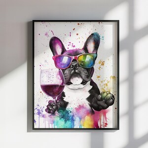 Französische Bulldogge mit Wein Leinwand / Poster Druck. Buntes Aquarell Hündchen Wanddekor Geschenke Frenchie Mom Paint Splash Painting