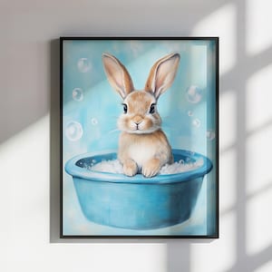 Coniglio nella vasca da bagno, tela o poster. Decorazione per il bagno con animali, coniglietto nella vasca da bagno, arte murale per la cameretta dei bambini, bambini, schizzi di vernice, pittura ad acquerello