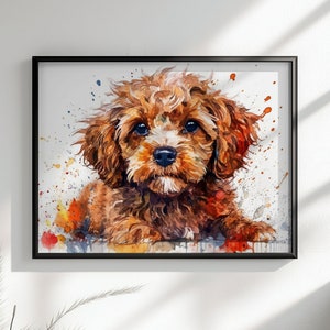 Süßes Cavapoo Poster Print. Ungerahmtes abstraktes buntes Welpen-Kunst-Geschenk für Hundeliebhaber. Malen Spritz Aquarell für Doodle Mom