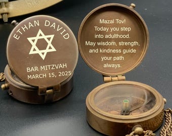 May include: Brass compass with a Star of David engraved on the lid. The compass is open and the lid reads "Ethan David Bar Mitzvah March 15, 2025". The inside of the compass lid reads "Mazal Tov! Today you step into adulthood. May wisdom, strength, and kindness guide your path always."