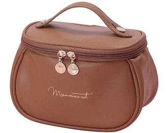 Rangement professionnel de trousse de maquillage cosmétique en cuir pour femme, pochette de trousse de maquillage pour sac de rangement d'accessoires de maquillage (1 pièce, cuir neuf marron)