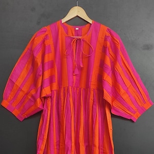 Vibrant Pink & Orange Striped Hand-Block Cotton Dress - Bohemian Summer Maxi - Available in Midi And Mini Lengths