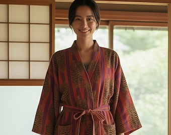 Reversible Velvet Kimono Robe, Indian Cotton Lining, Housecoat