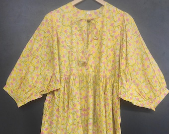Yellow Floral Block Print Midi Dress, Boho Cotton Summer Dress Short Mini Dress, Long Puff Sleeve Dress, Indian Artisan Handmade Sustainable