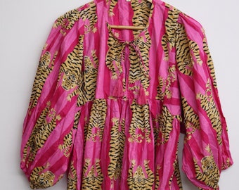Tiger Print Cotton Gauze Tunic Dress: Deep Neck Blouse Top