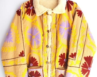 Handmade Suzani Embroidered Jacket with buttery Fur Lining, Boho Winter Coat for Women Artisan Crafted Floral Afghan Style, Chapan Gift Her