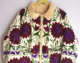 Handmade White Suzani Embroidered Jacket with Silk Fur Lining, Boho Floral Winter Coat, Artisan Crafted Afghan Chapan Christmas Gift for Her