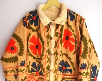 Handmade Suzani Embroidered Jacket with buttery Fur Lining, Colorful Floral Boho Winter Coat, Artisan Crafted Afghan Chapan Unique Gift Her
