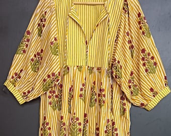 Yellow Striped Hand Block Print Midi Dress, Boho Cotton Summer Dress, Floral Mini Dress, Long Puff Sleeve Ethnic Wear, Indian Artisan Outfit