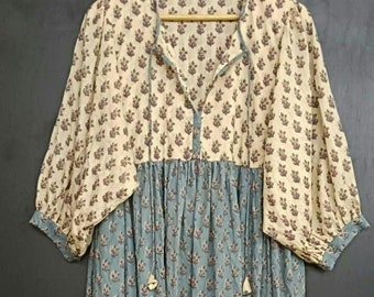 Midi Dress, Mini Dress, , Deep Neck with string closer,Floral Long Block Print Dress