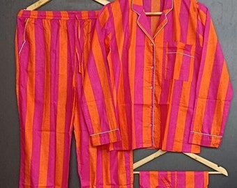 Striped  Print Pajamas,Indian Cotton,Night Wear, Soft Cotton Night Suit-Pure Cotton Pj&#39;s, Pajamas Set