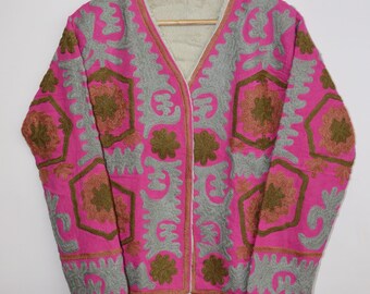 Handmade Suzani Embroidery Jacket with Silk Fur Lining, Artisanal Boho Coat, Pink Floral Traditional Uzbek Style Robe, One Size Open Front