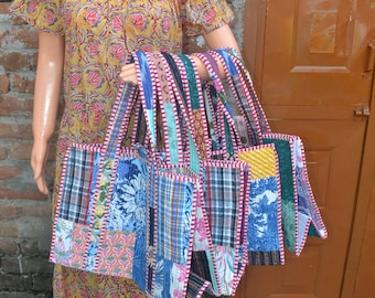 Hand Block Print Cotton Quilted Tote Bag Handmade Boho Shoulder Bag Eco Friendly Shopping Bag Beach Bag Artisan Crafted Hippie Hobo Handbag