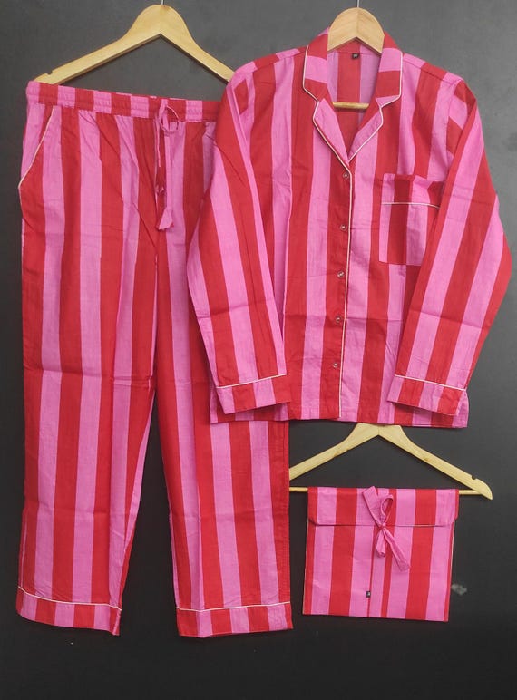 Hand Block Printed Red Pink Striped Pajama Set, Pure Cotton Night Suit for Women, Artisan Crafted Sleepwear, Valentine Gift Loungewear Set