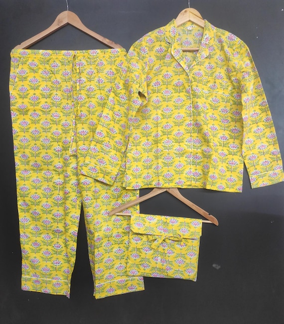 Hand Block Print Lotus Cotton Night Suit, Yellow Floral PJ Set for Women, Made in Bharat (India) Artisan Sleepwear, Sustainable Lounge Set