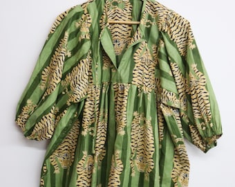 Hand Block Print Tiger Stripe Cotton Top Olive Green Boho Peplum Blous with Balloon Sleeves Indian Artisan Made Gift for Her