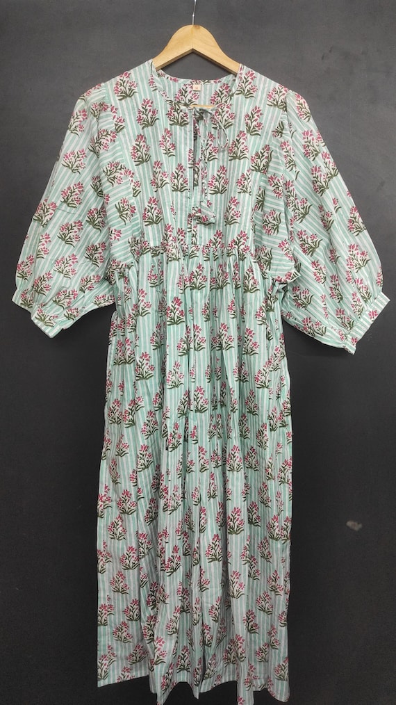 Bohemian Mint Stripe Floral Cotton Dress Handblock Inspired Summer Vintage 3/4 Sleeve Midi and Mini Dress Relaxed Fit Cottagecore Loungewear