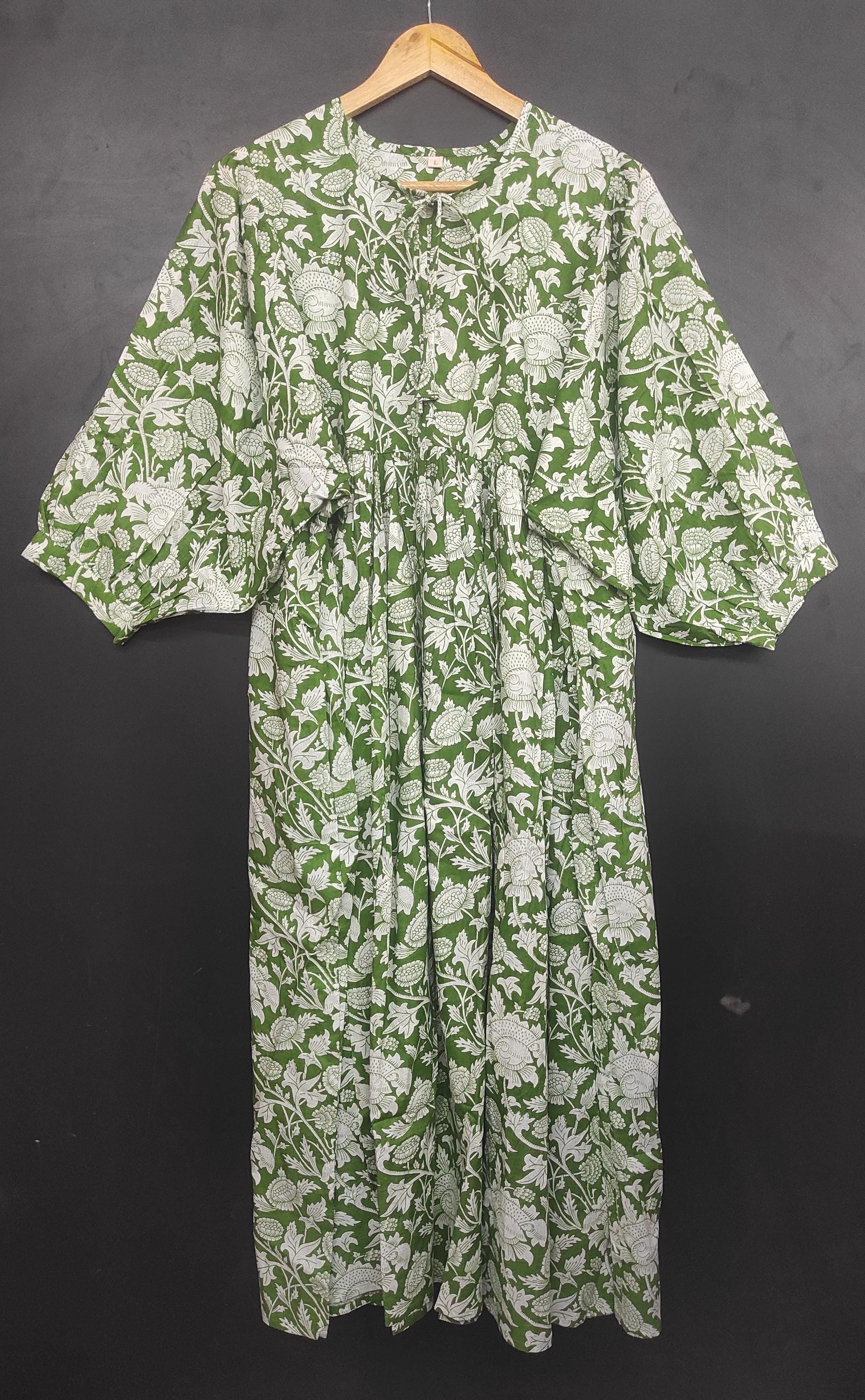 Midi Dress, Mini Dress, , Deep Neck with string closer,Floral Long block print Dress