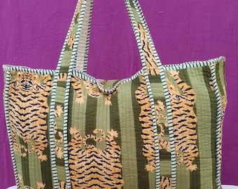 Hand Block Print Cotton Quilted Tote Bag Tiger Print Shoulder Bag Handmade Boho Beach Bag Large Shopping Tote Eco Friendly Indian Jhola Bag