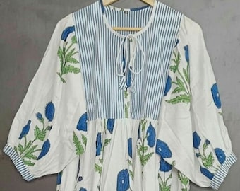 Blue Floral Hand Block Print Midi Dress, Boho Cotton Summer Dress, Short Mini Dress, Long Puff Sleeve Ethnic Outfit, Artisan Handmade Dress