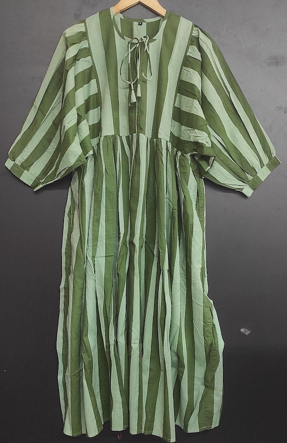 Handmade Olive Green Striped Cotton Dress - Vertical Stripe Boho Chic Outfit - Available in Midi (125cm) & Mini (87cm) Length