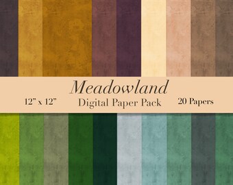 May include: A digital paper pack with 20 different textured papers in various shades of brown, green, and beige. The papers are 12 inches by 12 inches and are labeled "Meadowland Digital Paper Pack".