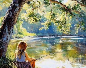 Summers Quiet Reflection, a Little Girl Fishing, Fine Art Watercolor Print